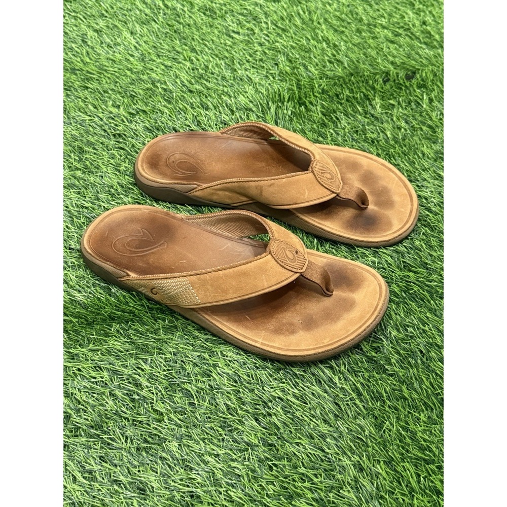 Olukai Tuahine Leather Flip Flop Thong Sandals Toffee Brown Men's 8